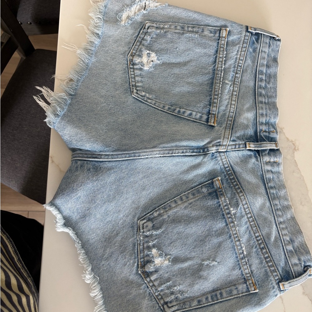 Agolde Light Blue Frayed Jean Shorts - Picture 5 of 5